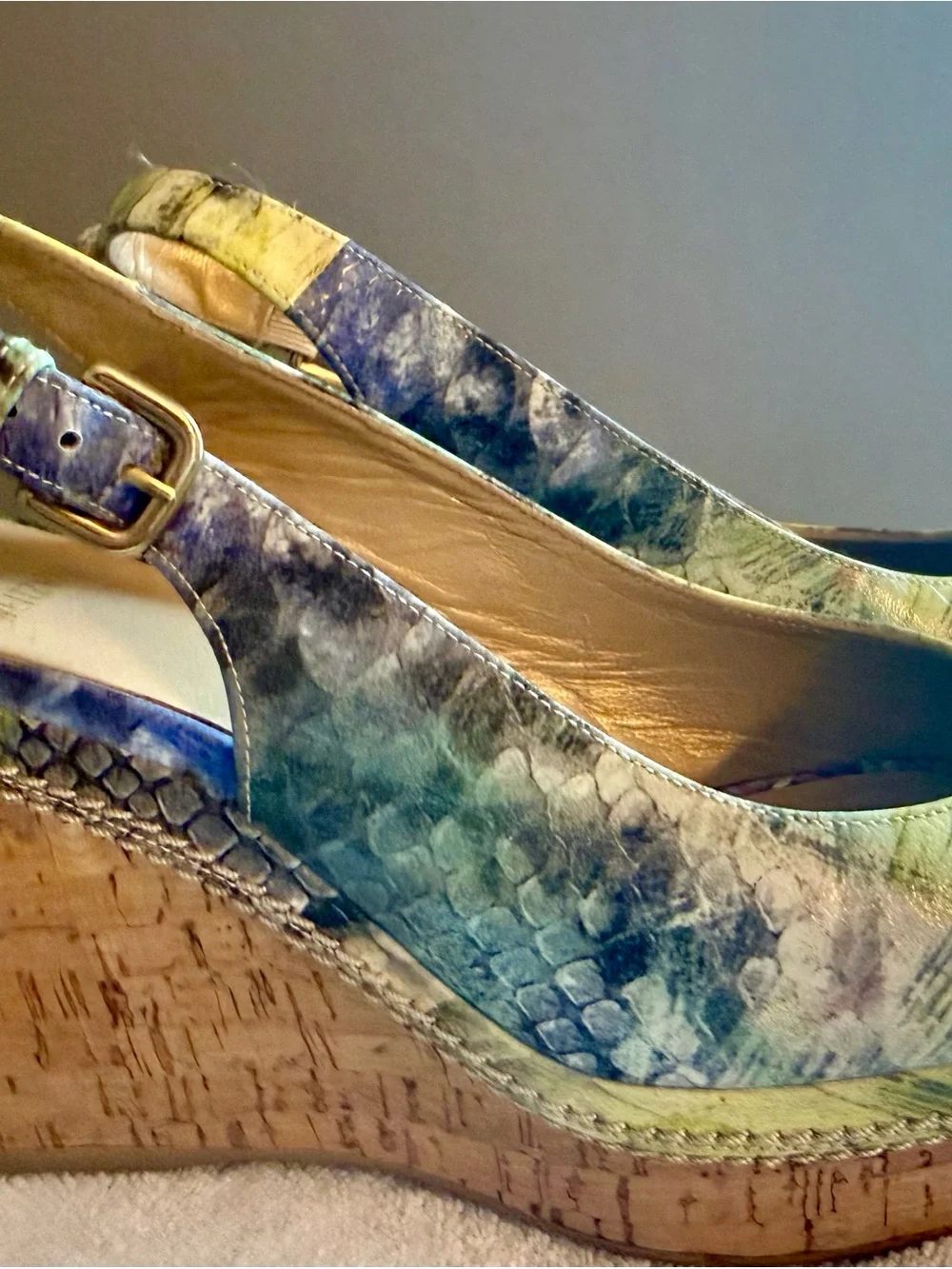 Stuart Weitzman Teal, royal blue, lime green Multi-Print Peep-Toe Cork Wedges - Picture 2 of 8